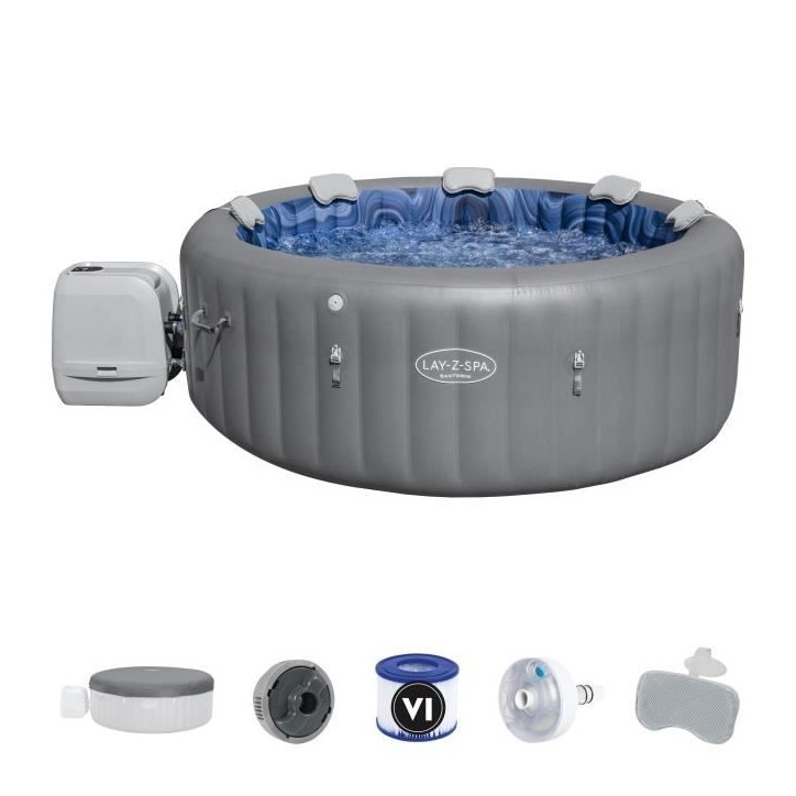 Spa gonflable BESTWAY - Lay-Z-Spa Santorini - 5 a 7 places -Rond (Livré avec 5 appuie-tete rembourrés + 2 LED a eau ColorJet)
