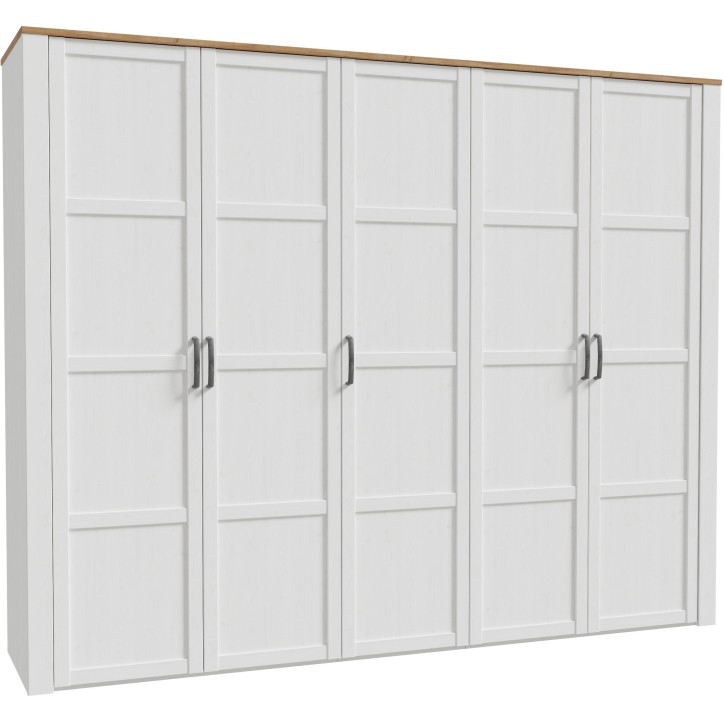 Armoire de chambre - BOHOL - Décor Chene blanchi - 5 portes battantes - L265,6 x P59,6 x H214 cm