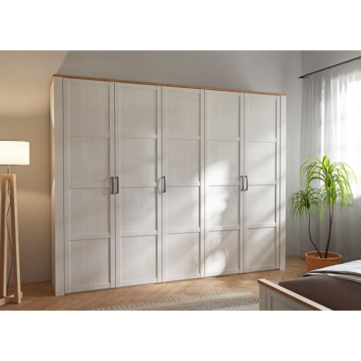 Armoire de chambre - BOHOL - Décor Chene blanchi - 5 portes battantes - L265,6 x P59,6 x H214 cm
