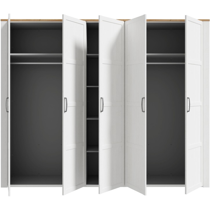 Armoire de chambre - BOHOL - Décor Chene blanchi - 5 portes battantes - L265,6 x P59,6 x H214 cm