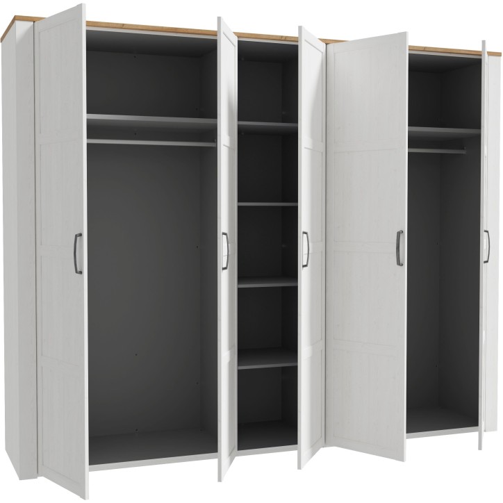 Armoire de chambre - BOHOL - Décor Chene blanchi - 5 portes battantes - L265,6 x P59,6 x H214 cm