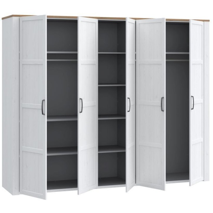 Armoire de chambre - BOHOL - Décor Chene blanchi - 5 portes battantes - L265,6 x P59,6 x H214 cm