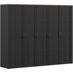 Armoire de chambre - BOHOL - Décor Chene et Noir - 5 portes battantes