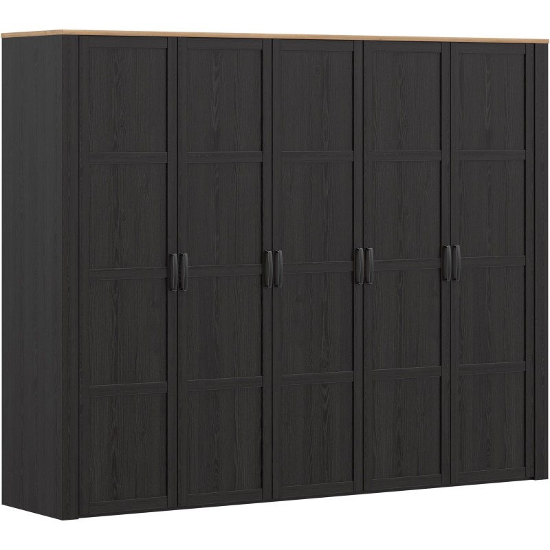 Armoire de chambre - BOHOL - Décor Chene et Noir - 5 portes battantes