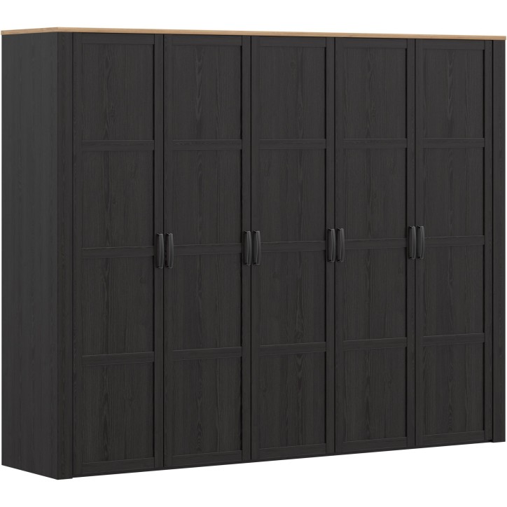 Armoire de chambre - BOHOL - Décor Chene et Noir - 5 portes battantes - L265,6 x P59,6 x H214 cm