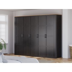 Armoire de chambre - BOHOL - Décor Chene et Noir - 5 portes battantes - L265,6 x P59,6 x H214 cm
