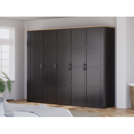 Armoire de chambre - BOHOL - Décor Chene et Noir - 5 portes battantes - L265,6 x P59,6 x H214 cm