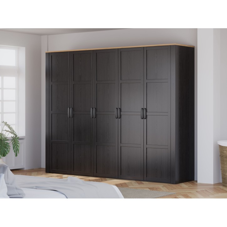 Armoire de chambre - BOHOL - Décor Chene et Noir - 5 portes battantes - L265,6 x P59,6 x H214 cm