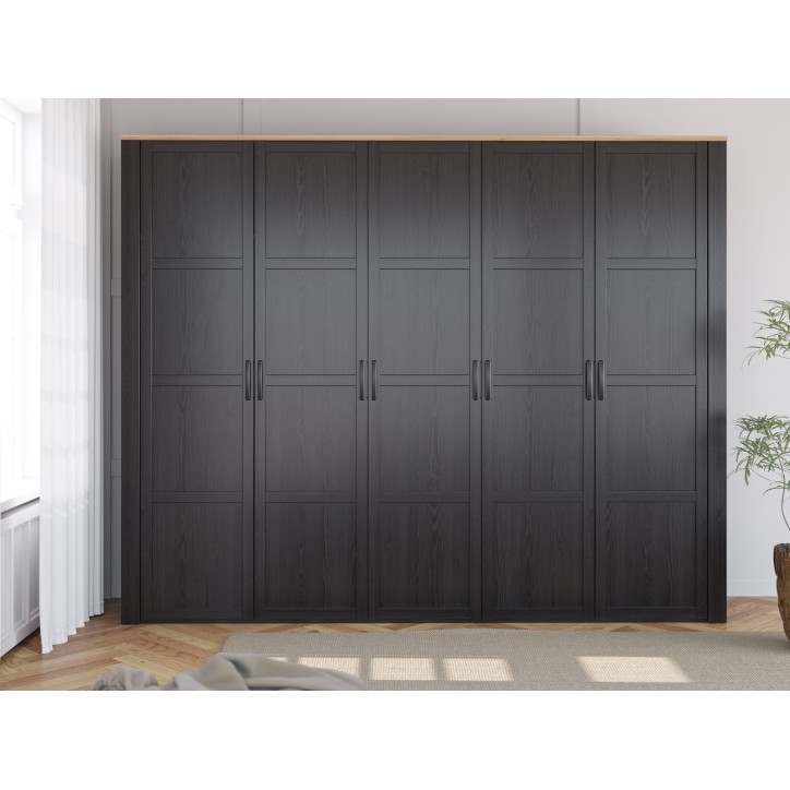 Armoire de chambre - BOHOL - Décor Chene et Noir - 5 portes battantes - L265,6 x P59,6 x H214 cm