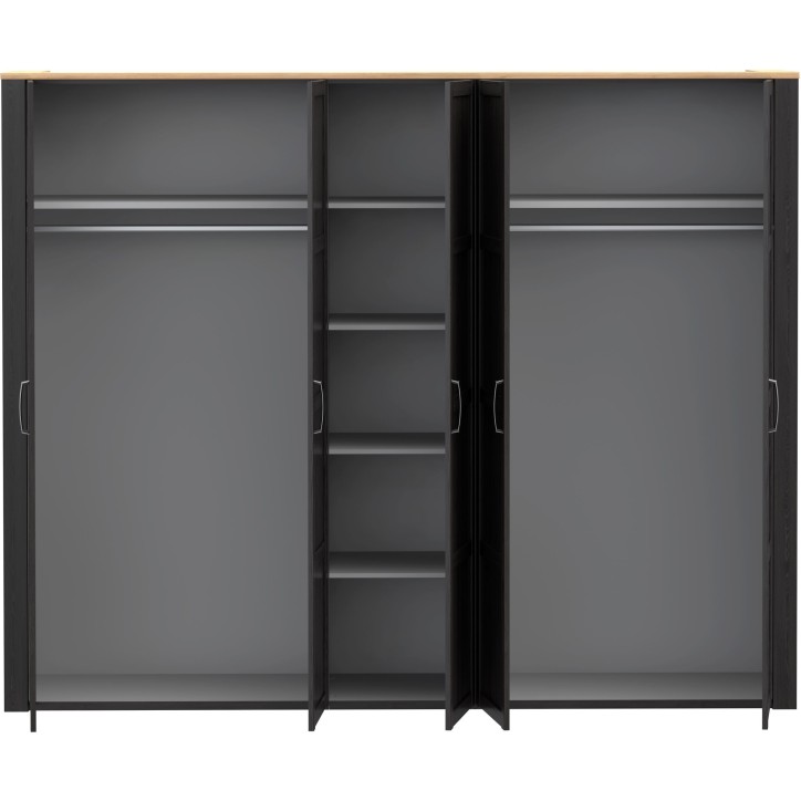 Armoire de chambre - BOHOL - Décor Chene et Noir - 5 portes battantes - L265,6 x P59,6 x H214 cm