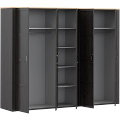 Armoire de chambre - BOHOL - Décor Chene et Noir - 5 portes battantes