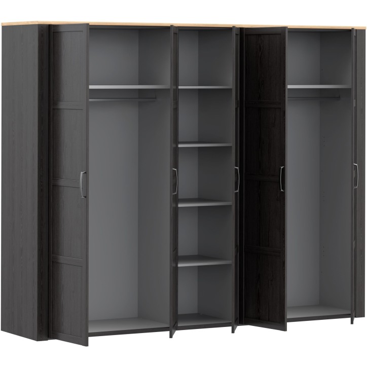 Armoire de chambre - BOHOL - Décor Chene et Noir - 5 portes battantes - L265,6 x P59,6 x H214 cm