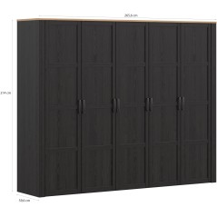 Armoire de chambre - BOHOL - Décor Chene et Noir - 5 portes battantes