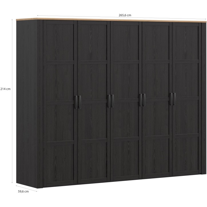 Armoire de chambre - BOHOL - Décor Chene et Noir - 5 portes battantes - L265,6 x P59,6 x H214 cm