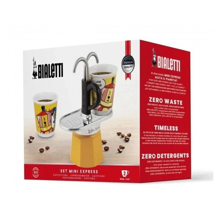 Set cafetiere italienne + 2 tasses - BIALETTI - Mini-express LICHTENSTEIN - 100 ml - Inox / Jaune Set cafetiere italienne + 2 tasses - BIALETTI - Mini-express LICHTENSTEIN - 100 ml - Inox / Jaune