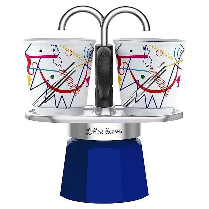 Set cafetiere italienne + 2 tasses - BIALETTI - Mini-express KANDINSKY - 100 ml - Inox / Bleu Set cafetiere italienne + 2 tasses - BIALETTI - Mini-express KANDINSKY - 100 ml - Inox / Bleu