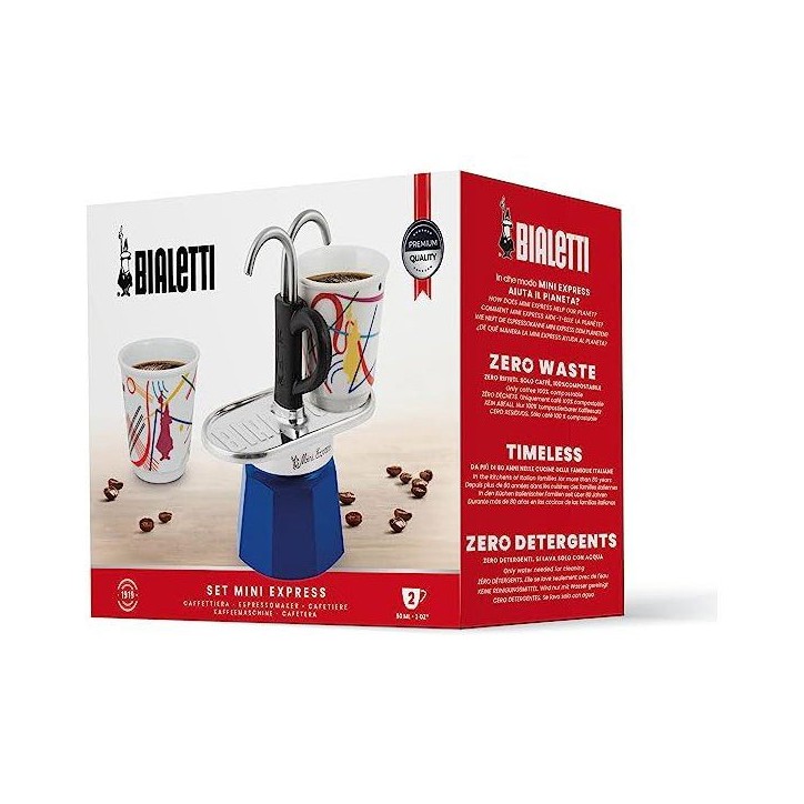 Set cafetiere italienne + 2 tasses - BIALETTI - Mini-express KANDINSKY - 100 ml - Inox / Bleu Set cafetiere italienne + 2 tasses - BIALETTI - Mini-express KANDINSKY - 100 ml - Inox / Bleu