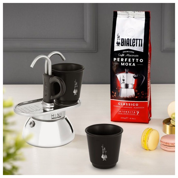 Set cafetiere italienne + 2 tasses - BIALETTI - Mini-induction - 100 ml - Inox / Noir