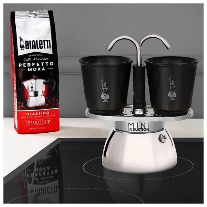 Set cafetiere italienne + 2 tasses - BIALETTI - Mini-induction - 100 ml - Inox / Noir