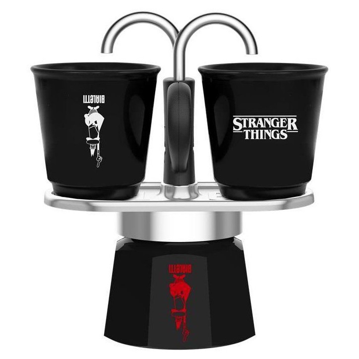 Cafetiere italienne - BIALETTI - Set Mini express - Collection Stranger Things - Avec 2 tasses thermosensibles - Noir / Rouge
