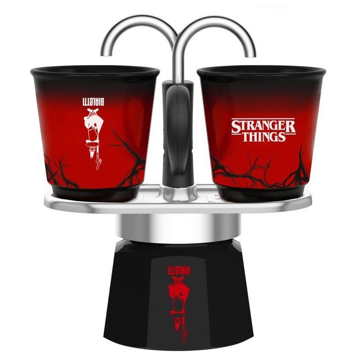 Cafetiere italienne - BIALETTI - Set Mini express - Collection Stranger Things - Avec 2 tasses thermosensibles - Noir / Rouge