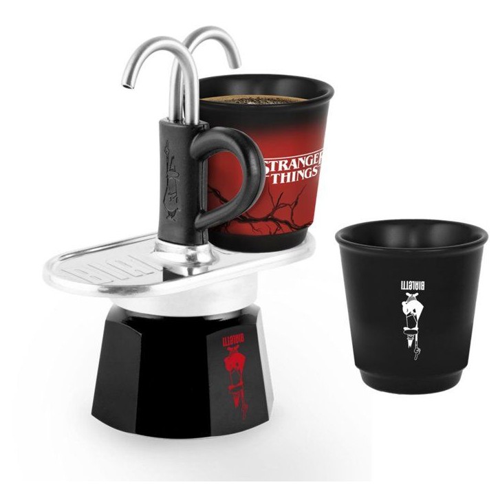 Cafetiere italienne - BIALETTI - Set Mini express - Collection Stranger Things - Avec 2 tasses thermosensibles - Noir / Rouge