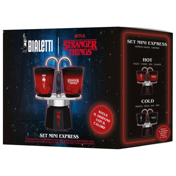 Cafetiere italienne - BIALETTI - Set Mini express - Collection Stranger Things - Avec 2 tasses thermosensibles - Noir / Rouge