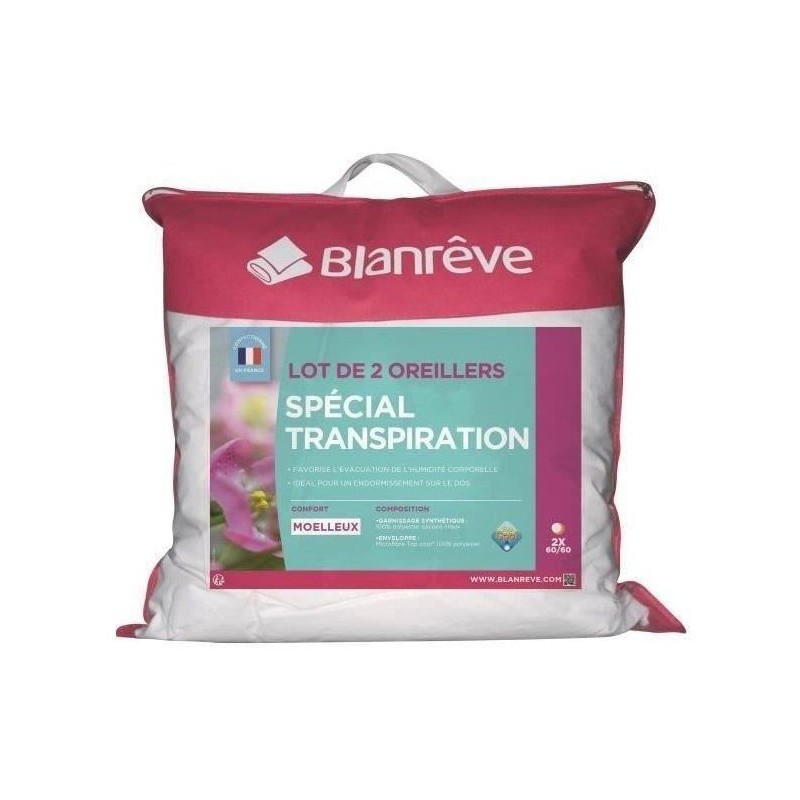 Lot de 2 Oreillers - BLANREVE - Spécial Transpiration - 60 x 60 cm -