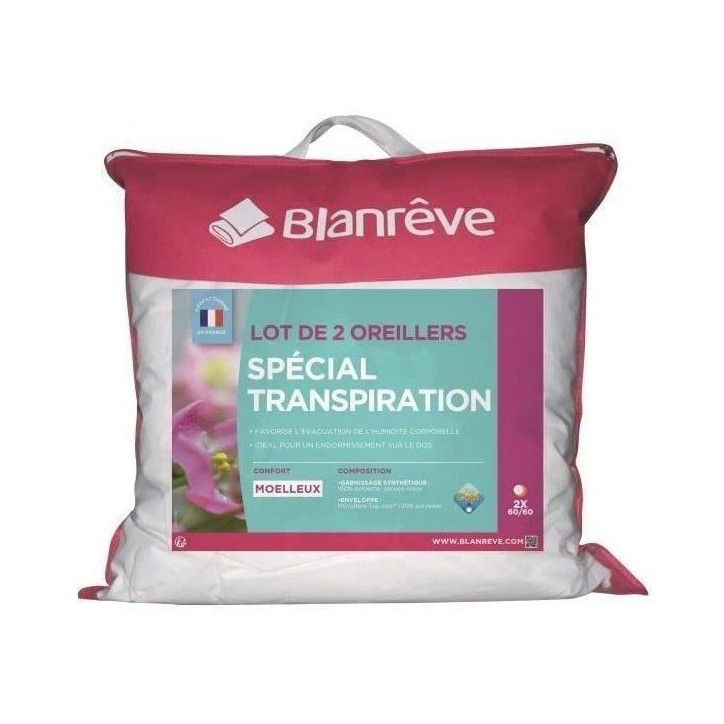 Lot de 2 Oreillers - BLANREVE - Spécial Transpiration - 60 x 60 cm - Blanc