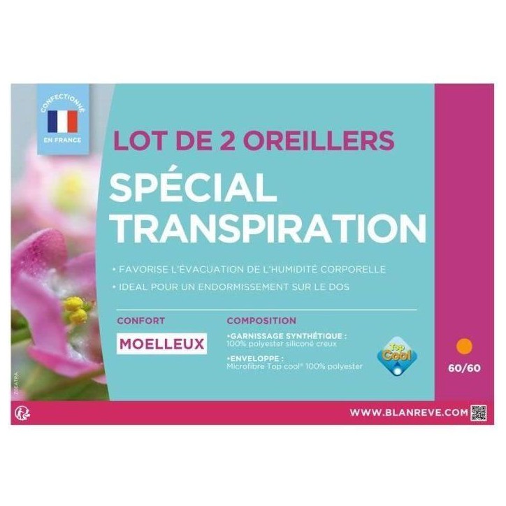 Lot de 2 Oreillers - BLANREVE - Spécial Transpiration - 60 x 60 cm - Blanc