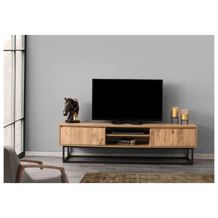 Meuble TV - BELINDA - Noir / Pin - 46 x 192 x 15 cm Meuble TV - BELINDA - Noir / Pin - 46 x 192 x 15 cm