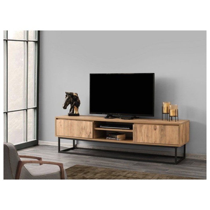 Meuble TV - BELINDA - Noir / Pin - 46 x 192 x 15 cm Meuble TV - BELINDA - Noir / Pin - 46 x 192 x 15 cm