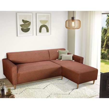 Canapé d'angle fixe réversible - 4 places - BOB - Velours cotelé Terracotta - 197 x 138 x 65 cm