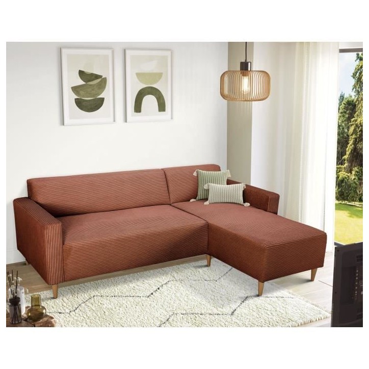 Canapé d'angle fixe réversible - 4 places - BOB - Velours cotelé Terracotta - 197 x 138 x 65 cm Canapé d'angle fixe réversible - 4 places - BOB - Velours cotelé Terracotta - 197 x 138 x 65 cm