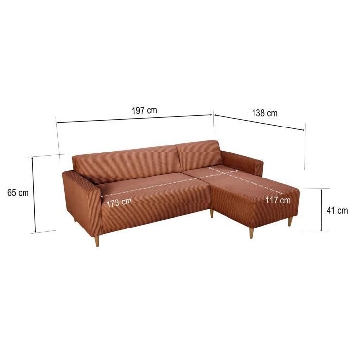 Canapé d'angle fixe réversible - 4 places - BOB - Velours cotelé Terracotta - 197 x 138 x 65 cm Canapé d'angle fixe réversible - 4 places - BOB - Velours cotelé Terracotta - 197 x 138 x 65 cm
