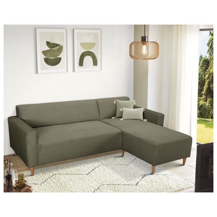 Canapé d'angle fixe réversible - 4 places - BOB - Velours cotelé Kaki - 197 x 138 x 65 cm Canapé d'angle fixe réversible - 4 places - BOB - Velours cotelé Kaki - 197 x 138 x 65 cm