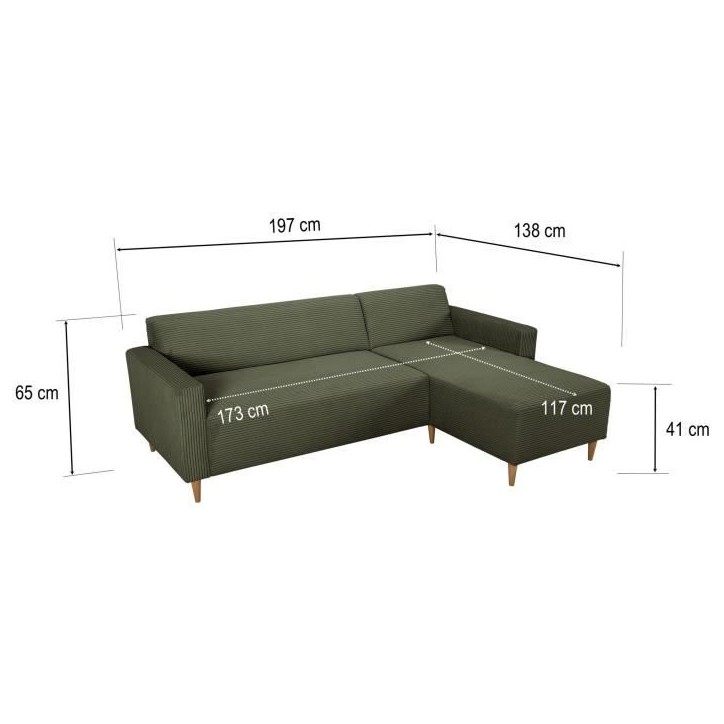 Canapé d'angle fixe réversible - 4 places - BOB - Velours cotelé Kaki - 197 x 138 x 65 cm Canapé d'angle fixe réversible - 4 places - BOB - Velours cotelé Kaki - 197 x 138 x 65 cm