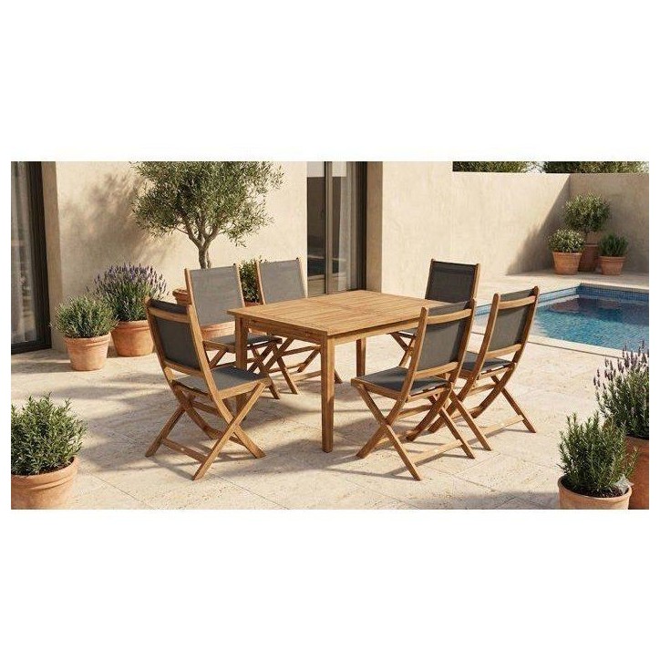 Ensemble repas de jardin TOSCANA - Table extensible + 6 chaises pliables - Bois d'acacia FSC - 6 places - Bocarnea Ensemble repas de jardin TOSCANA - Table extensible + 6 chaises pliables - Bois d'acacia FSC - 6 places - Bocarnea
