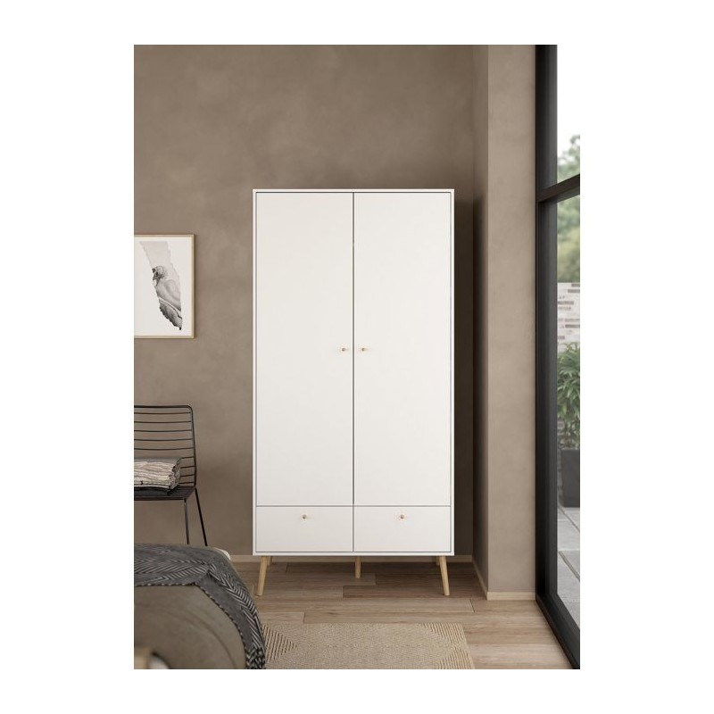 Armoire de chambre - BODO - Blanc mat - 2 portes - 2 tiroirs - 98,7 x