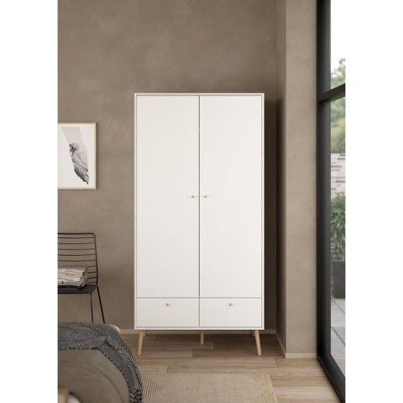 Armoire de chambre - BODO - Blanc mat - 2 portes - 2 tiroirs - 98,7 x