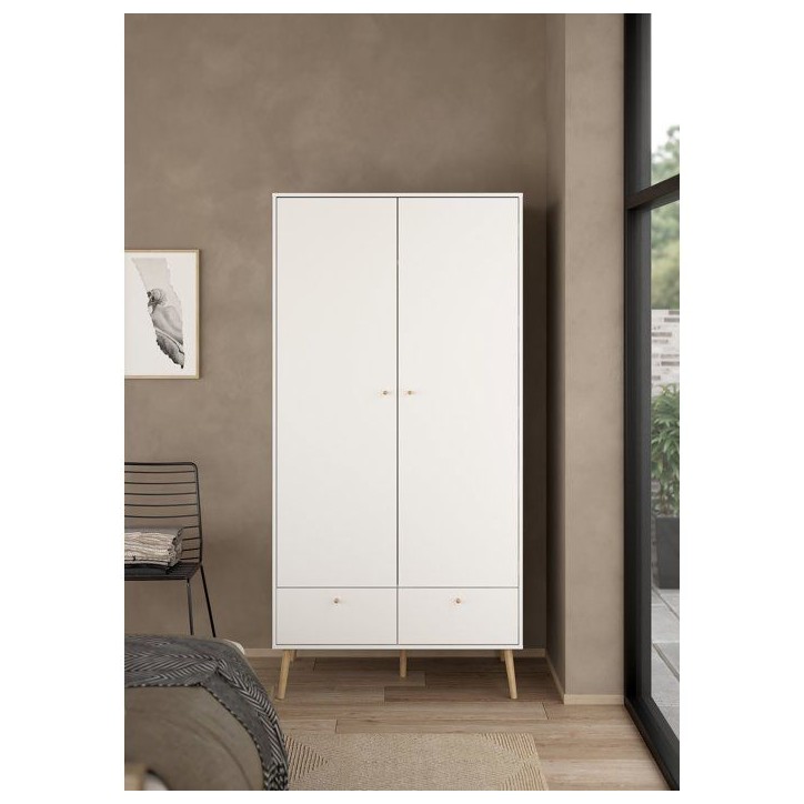 Armoire de chambre - BODO - Blanc mat - 2 portes - 2 tiroirs - 98,7 x 58,1 x 200,1 cm