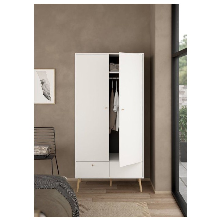 Armoire de chambre - BODO - Blanc mat - 2 portes - 2 tiroirs - 98,7 x 58,1 x 200,1 cm
