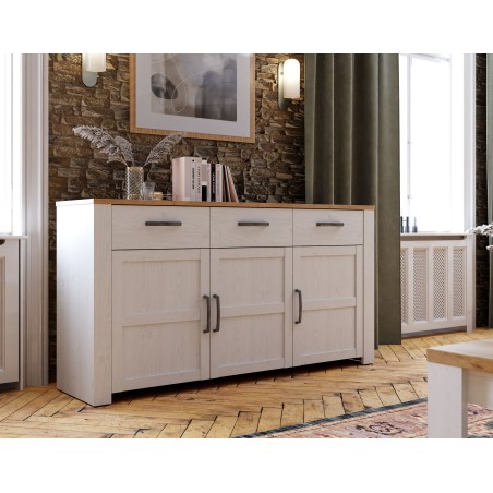 Buffet BOHOL Blanc – 3 Portes & 3 Tiroirs – L 166,1 × P 42 × H 87 cm – Chene Blanc & Effet Bois