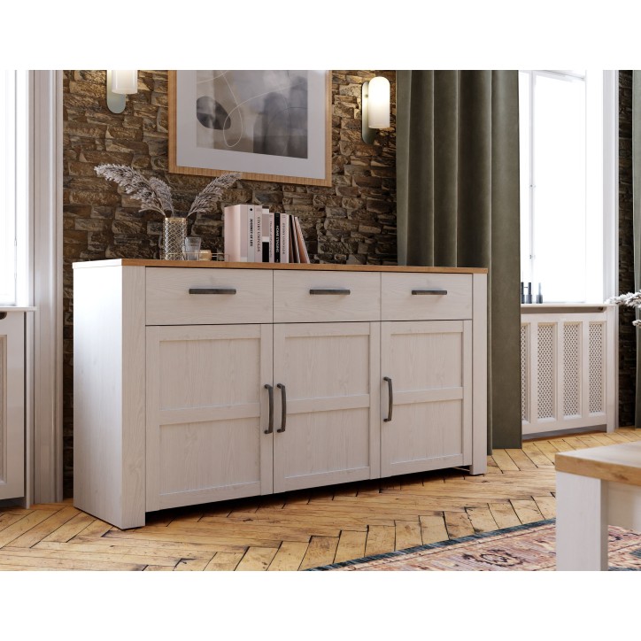 Buffet BOHOL Blanc – 3 Portes & 3 Tiroirs – L 166,1 × P 42 × H 87 cm – Chene Blanc & Effet Bois Buffet BOHOL Blanc – 3 Portes & 3 Tiroirs – L 166,1 × P 42 × H 87 cm – Chene Blanc & Effet Bois