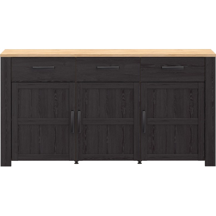 Buffet BOHOL Noir – 3 Portes & 3 Tiroirs – L 166,1 × P 47 × H 87 cm – Chene Noir & Effet Bois