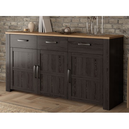 Buffet BOHOL Noir – 3 Portes & 3 Tiroirs – L 166,1 × P 47 × H 87 cm – Chene Noir & Effet Bois