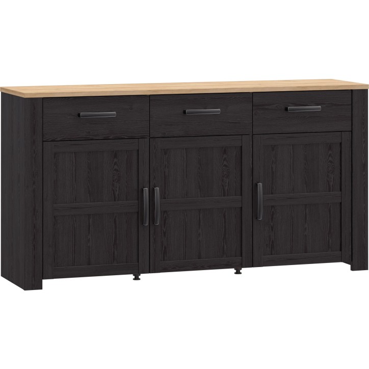 Buffet BOHOL Noir – 3 Portes & 3 Tiroirs – L 166,1 × P 47 × H 87 cm – Chene Noir & Effet Bois