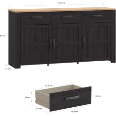 Buffet BOHOL Noir – 3 Portes & 3 Tiroirs – L 166,1 × P 47 × H 87