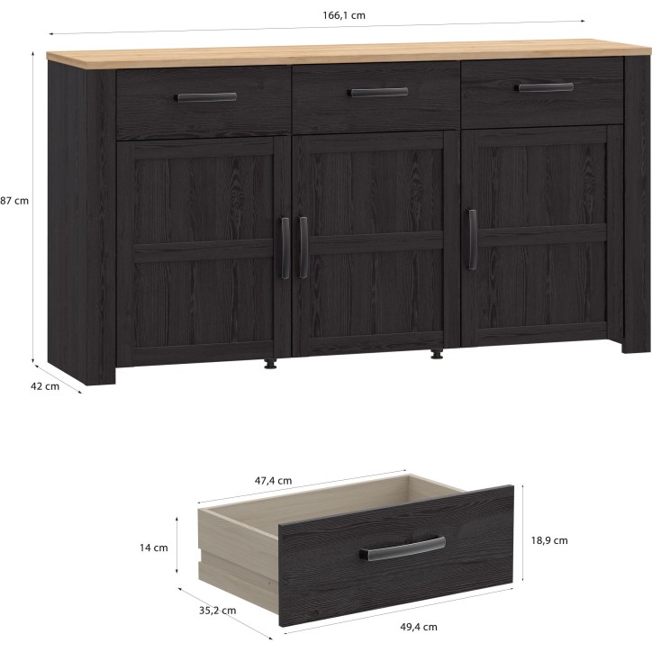 Buffet BOHOL Noir – 3 Portes & 3 Tiroirs – L 166,1 × P 47 × H 87 cm – Chene Noir & Effet Bois