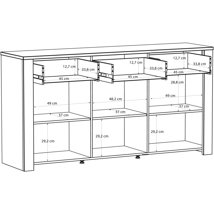 Buffet BOHOL Noir – 3 Portes & 3 Tiroirs – L 166,1 × P 47 × H 87 cm – Chene Noir & Effet Bois